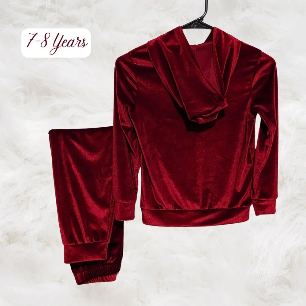 Kids' Warm Red Velvet Coord Tracksuit Set Outdoor Fall Clothing Kids Winter 7-8